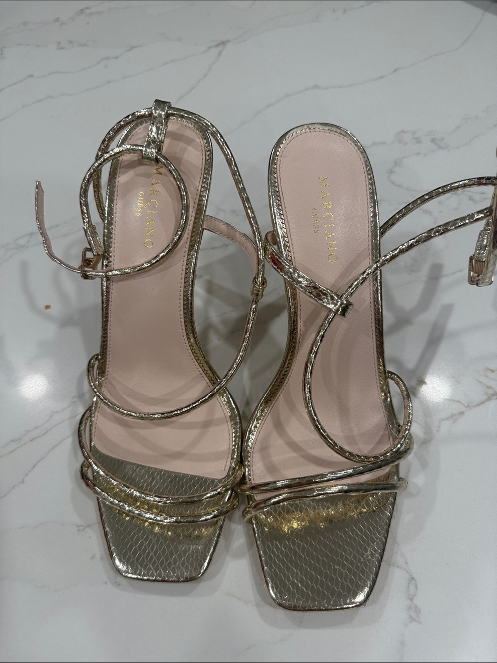 Marciano Metallic Gold Strappy Heels with Blush Insole Genuine Leather Size 38